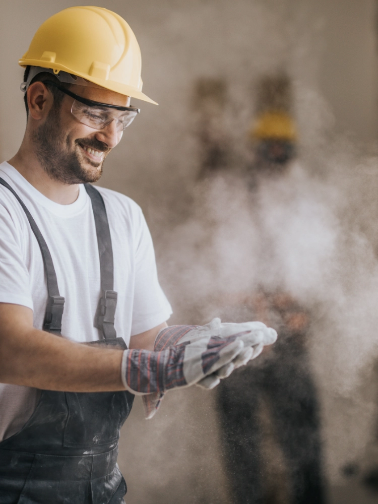 Happy construction worker with dusty gloves
