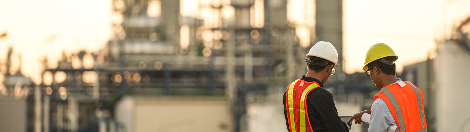 Two workers in front of a chemical plant